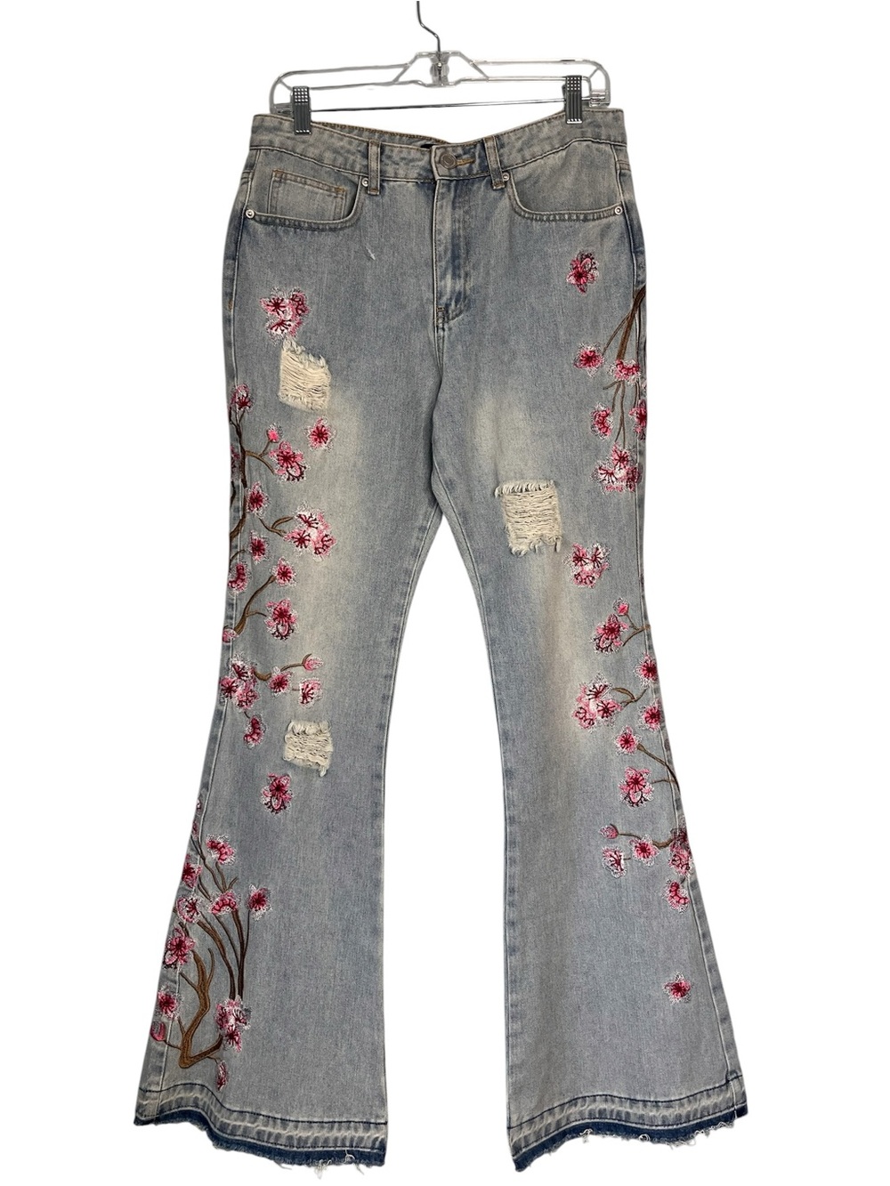 NWT boohooMAN Floral Embroidered Distressed Let Down Hem Flared Jeans Sz 32